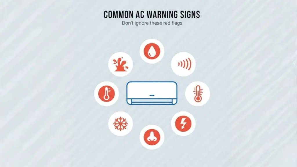 Common AC warning signs infographic showing eight emergency indicators around central air conditioner unit including water leak, noise, temperature issues, and electrical problems
