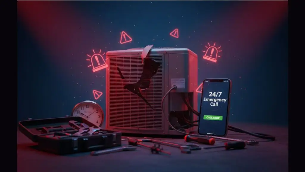 Emergency AC repair service - broken air conditioner with warning alerts and 24/7 emergency call display