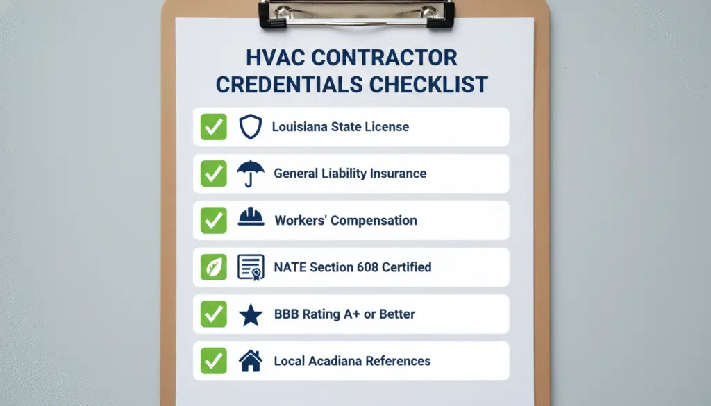 Essential HVAC contractor credentials checklist for Louisiana homeowners including licensing and insurance requirements