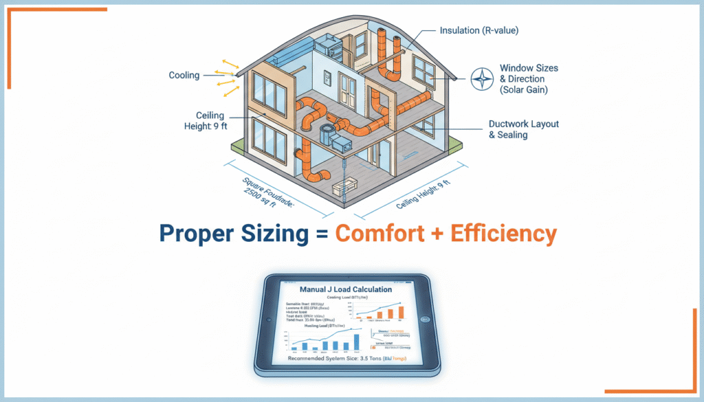 Manual J load calculation diagram showing factors that determine proper HVAC system sizing for Louisiana homes