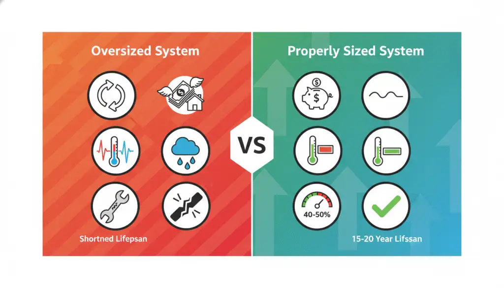 Bigger is NOT better: Oversized systems cost more to operate, provide poor comfort, and fail prematurely. Proper sizing is critical