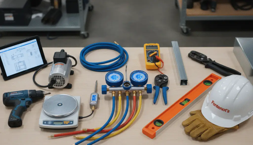Professional HVAC installation tools including digital gauges, vacuum pump, and micron gauge used by certified technicians
